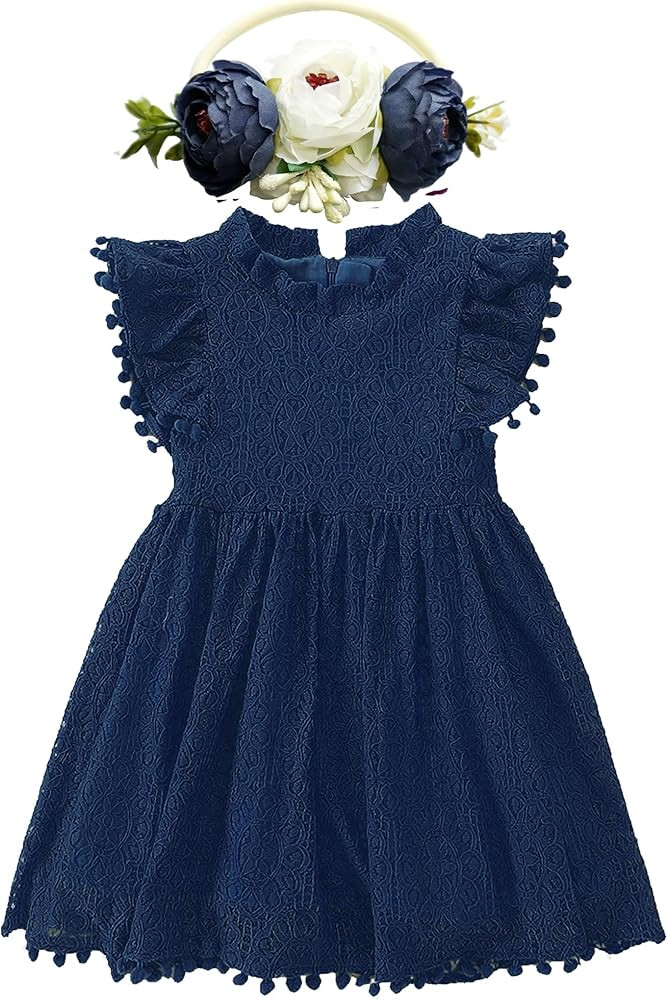 BGFKS Baby Girl Tutu Dress Elegant Lace Pom Pom Flutter Sleeve with Flower Headband Set | Amazon (US)