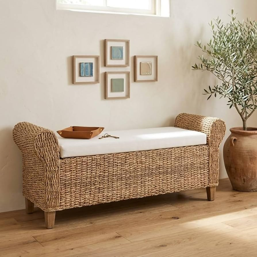 56" Rattan Storage Bench with Rolled Arms, Bohemian Farmhouse End of Bed Upholstered Benches, Int... | Amazon (US)