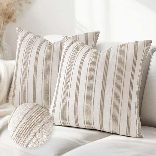22x22 Decorative Farmhouse Linen Throw Pillow Covers, Beige with Brown Chenille Striped Pillow Ca... | Amazon (US)