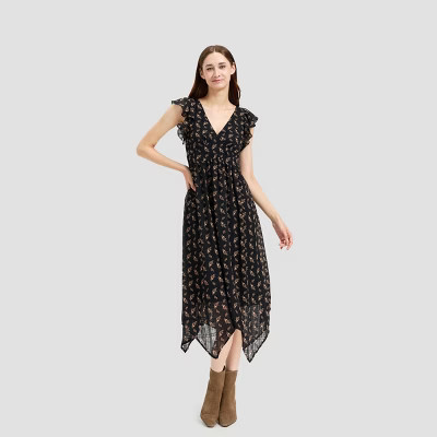 Women's Flutter Cap Sleeve Midi A-Line Dress - Universal Thread™ Black Floral | Target