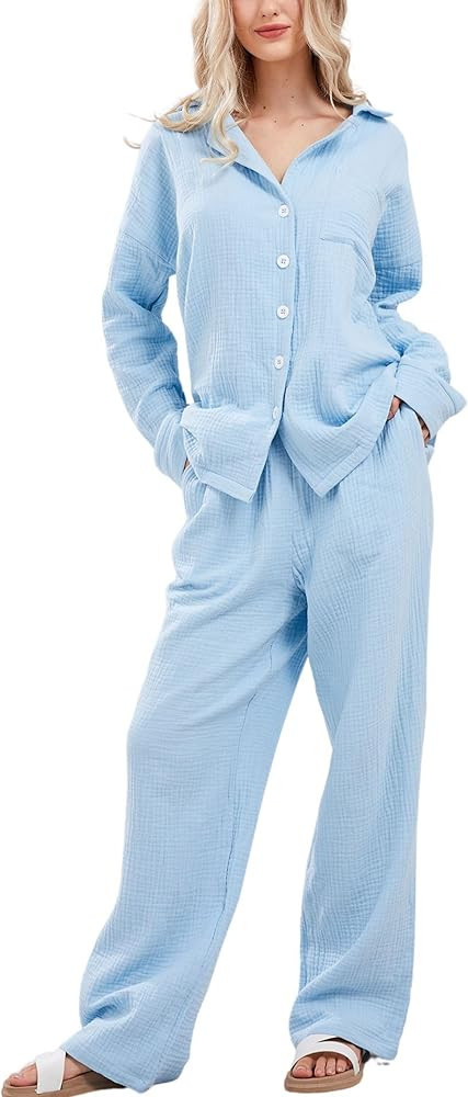 Womens Heart Pajama Set Long Sleeve Button Down Shirt With Elastic Waist Lounge Pants Cotton Pj S... | Amazon (US)