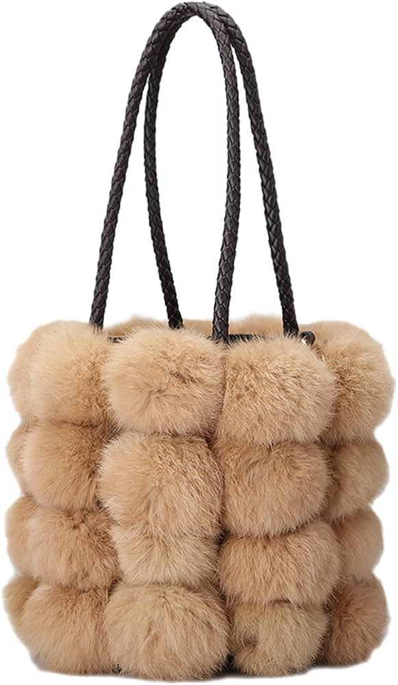 QZUnique Plush Bucket Handbag Faux Fur Drawstring Fluffy Crossbody Bag Handle Shoulder Tote Bag | Amazon (US)