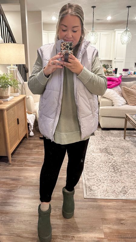Love this oversized vest! Comes in tons of colors and your true size will fit perfectly oversized! Jumped on the platform ugg trend but did the green for a little something different!💜💚

#LTKSeasonal #LTKU #LTKshoecrush