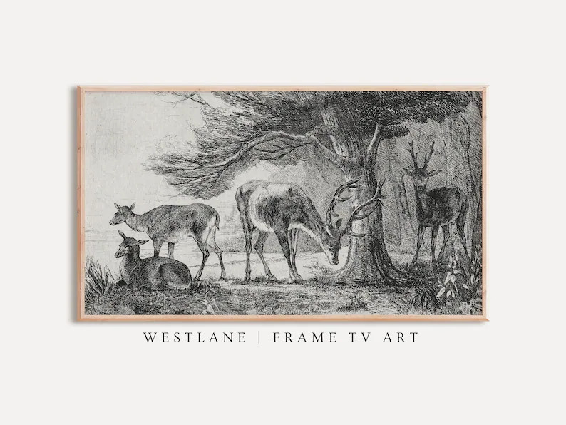 Neutral Vintage Deer Sketch Samsung Frame TV Art | Winter Forest Landscape DIGITAL Download TV292 | Etsy (US)