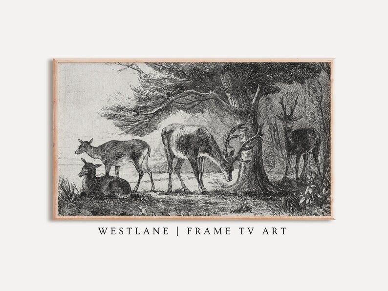 Neutral Vintage Deer Sketch Samsung Frame TV Art | Winter Forest Landscape DIGITAL Download TV292 | Etsy (US)