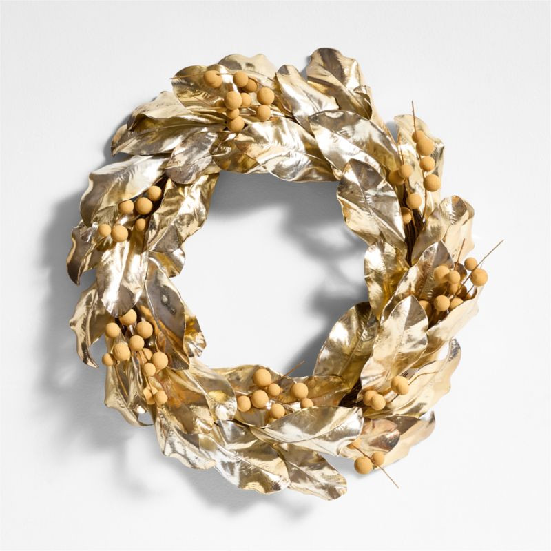 Faux Golden Magnolia Holiday Wreath 25" | Crate & Barrel | Crate & Barrel