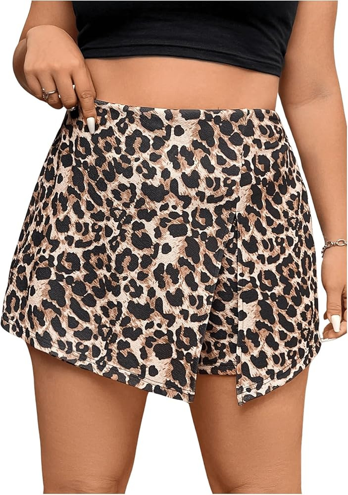 Floerns Women's Plus Size Leopard Print Slit Skorts Asymmetrical Hem Skirt Shorts | Amazon (US)