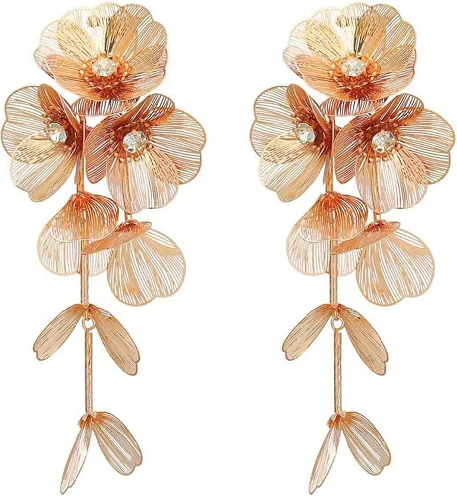 Bohemian Statement Gold Flower Drop Earrings for Women Large Metal Flower Earrings Gold Elegant Flower Fashion Dangle Earring Sculptural Exaggerated Flower Floral Earrings 14K Gold Plated Fashion Bridesmaid Wedding Party Jewelry | Amazon (US)