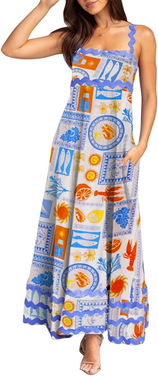 Women Graffiti Spaghetti Strap Long Dress Boho Sleeveless Cami Maxi Dress Graphic A Line Flowy Va... | Amazon (US)