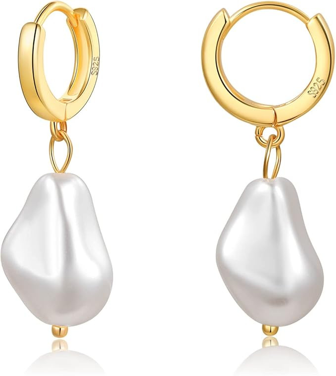 S925 Baroque Pearl Earrings Sterling Silver Huggie Dangle Earrings for Women Irregular Pearl Drop... | Amazon (UK)