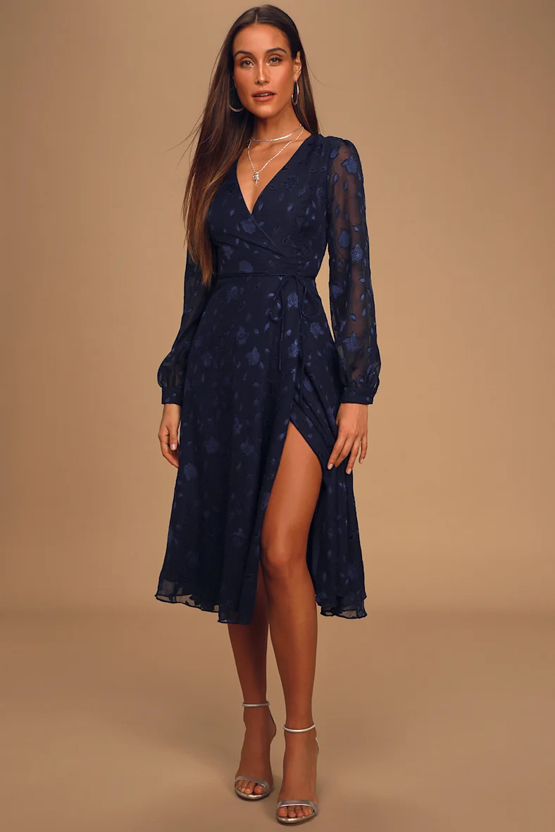 Evening of Elegance Navy Blue Floral Jacquard Wrap Midi Dress | Lulus (US)