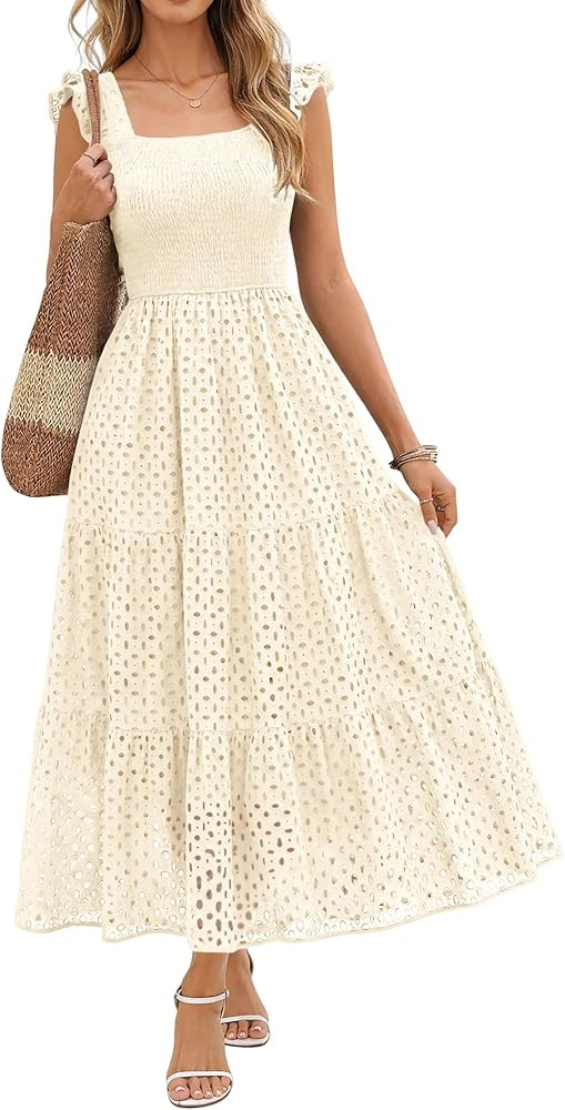 Womens Summer Maxi Dress Square Neck Ruffle Cap Sleeve Hollow Out Eyelet Smocked Tiered A Line Bo... | Amazon (US)