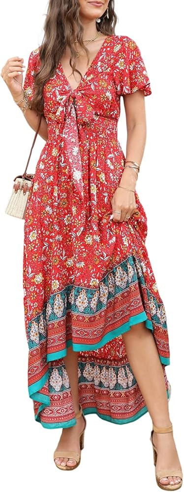 PRETTYGARDEN Deep V Neck Bohemian Floral Summer Dresses for Women 2023 Cutout Short Sleeve Casual... | Amazon (US)