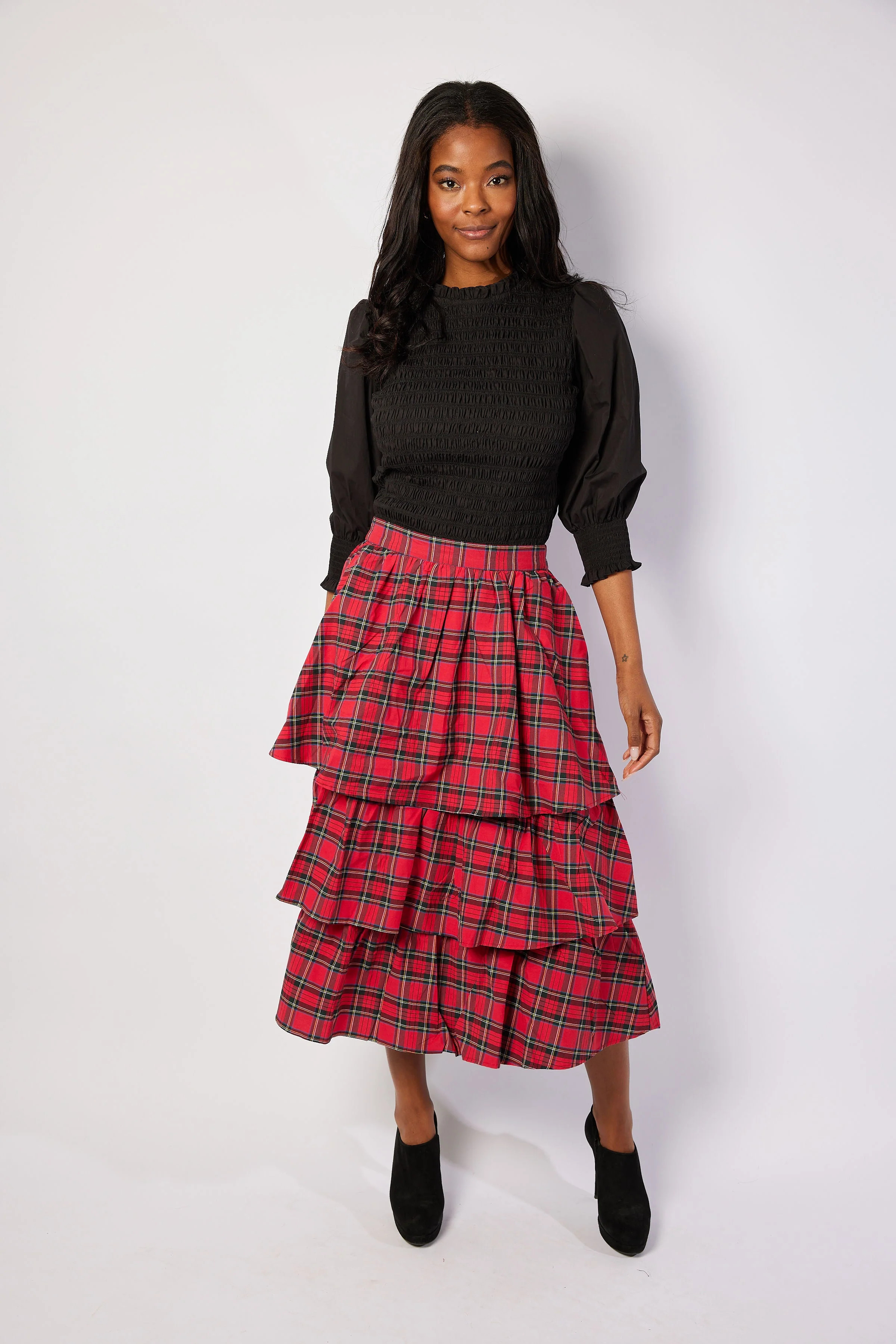 Red Plaid Tiered Midi Skirt | Sail to Sable