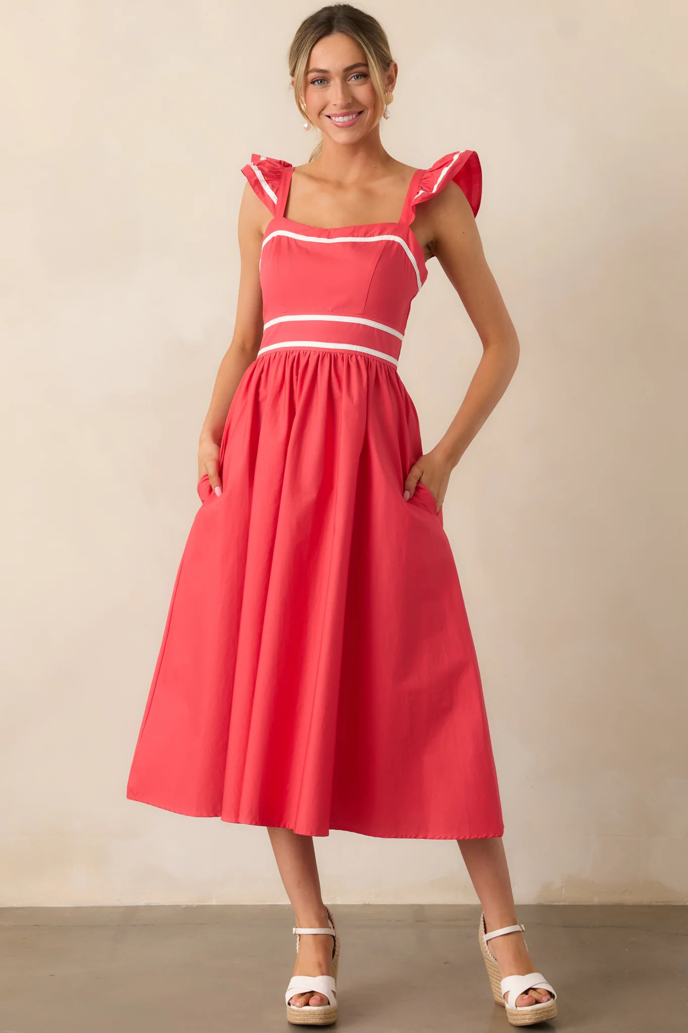 Marine's Muse Cotton Tomato Red Flutter Sleeve Midi Dress | Red Dress