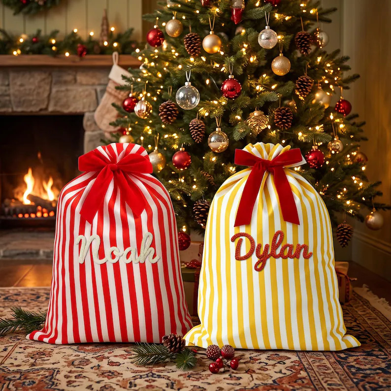 Personalized Large Striped Santa Sack, Custom Embroidered Name Christmas Gift Bag, Reusable Prese... | Etsy (Global)
