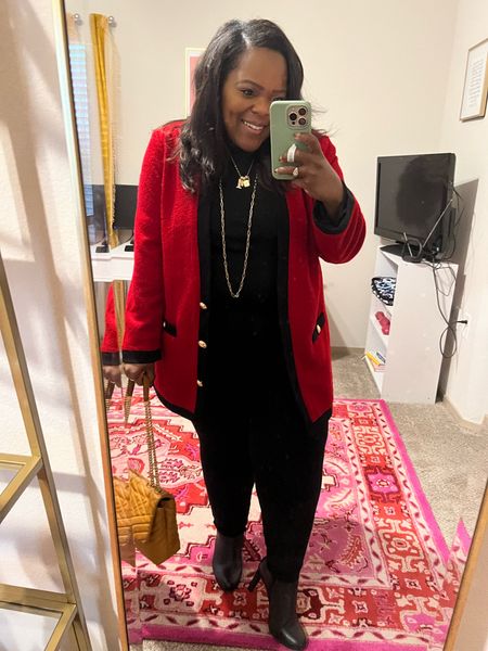 Red blazer / cardigan from Express wearing a xl - Spanx 4 pocket ankle pant, wearing a 2x petite / Clark shoes from DSW / short sleeve mock neck tee from Target 🎯/ workwear / curvy workwear inspiration 

#LTKworkwear #LTKHoliday #LTKunder100