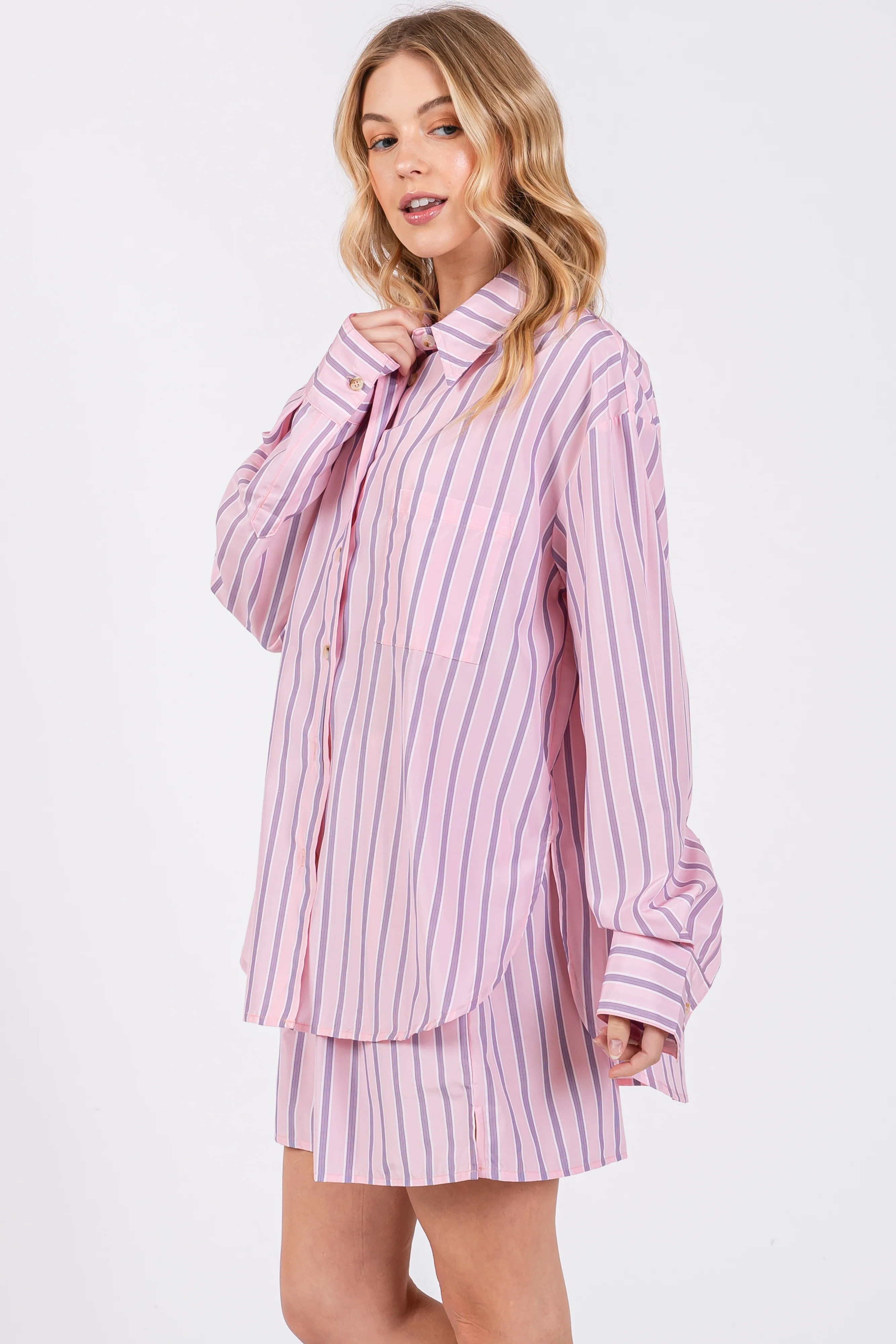 Pink Striped Button Down Top and Short Set | PinkBlush Maternity