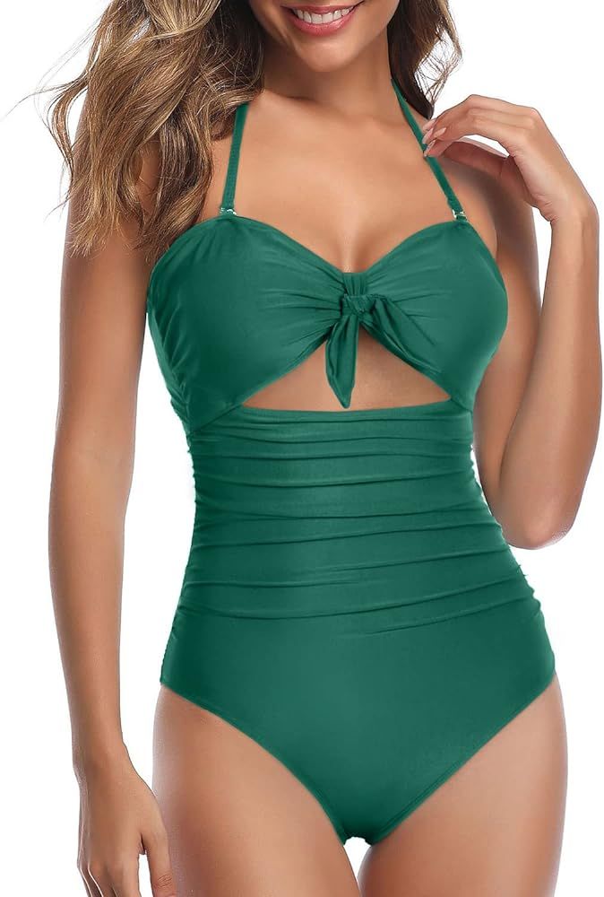 Tempt Me Women Sexy Cutout One Piece Swimsuits Tummy Control High Waisted Halter Front Tie Kn... | Amazon (US)