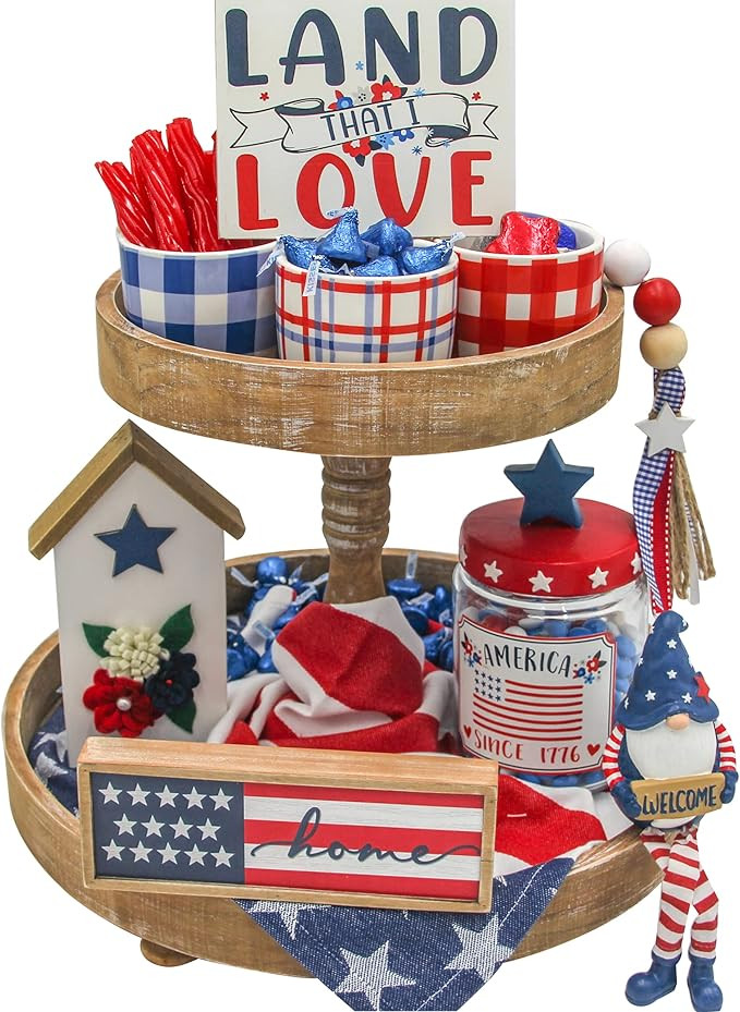 4th of July American Decorative Tiered Tray Decor 9pc Stars and Stripes Bundle Patriotic Signs Am... | Amazon (US)