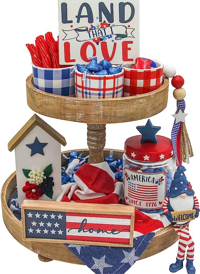 4th of July American Decorative Tiered Tray Decor 9pc Stars and Stripes Bundle Patriotic Signs Am... | Amazon (US)