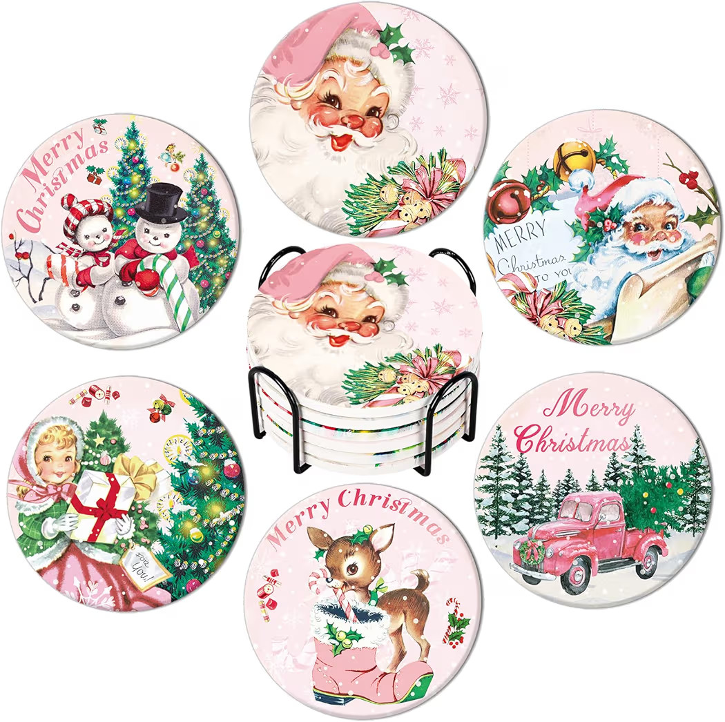 Whaline 6Pcs Pink Christmas Coasters with Metal Holder Vintage Santa Winter Snowman Xmas Tree Tru... | Amazon (US)