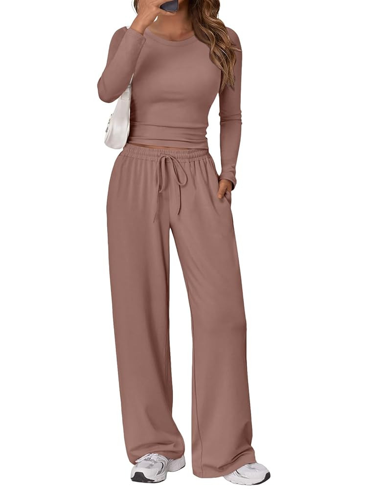 Trendy Queen Women's 2 Piece Matching Lounge Set Long Sleeve Slightly Crop Top Wide Leg Pants Cas... | Amazon (US)