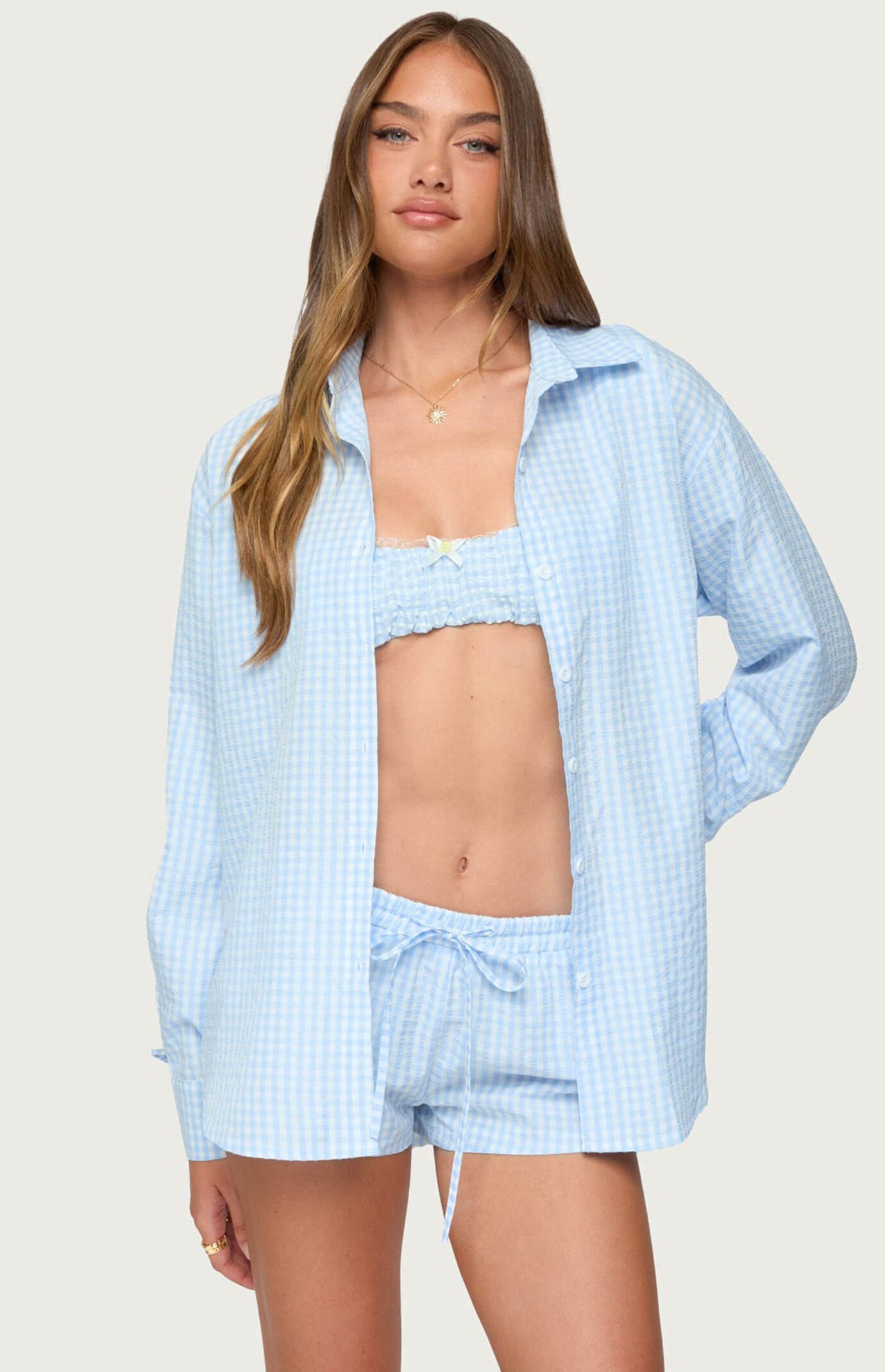 Edikted Women's Yaffa Oversized Gingham Button Up Shirt in Light Blue - Size Large | PacSun