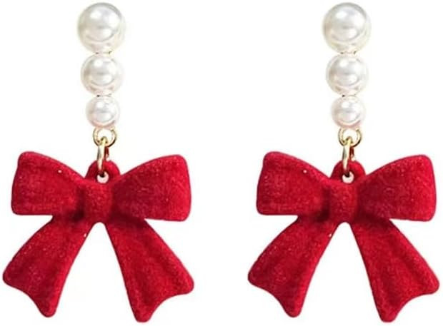 Bow Earrings for Women Red Ball Bow Earrings Pearl Bowknot Drop Earrings Anniversary Chrsitmas Va... | Amazon (US)