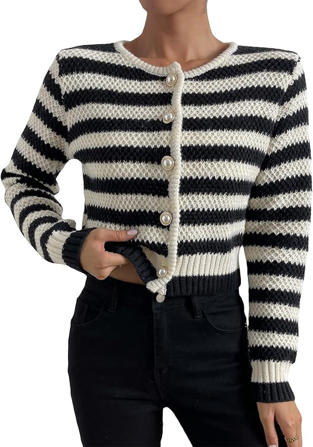 Verdusa Women's Button Front Striped Crop Cardigan Sweater Long Sleeve Knit Shrug | Amazon (US)