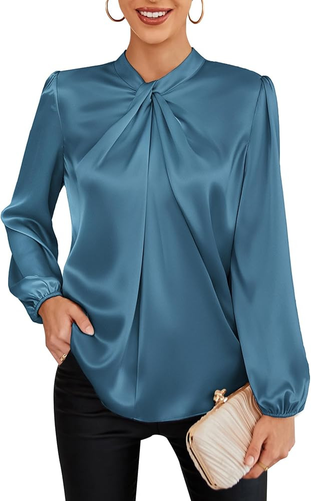 GRACE KARIN Women's Long Sleeve Satin Blouse,Mock Neck Work Silk Shirts,Dressy Tops for Business ... | Amazon (US)