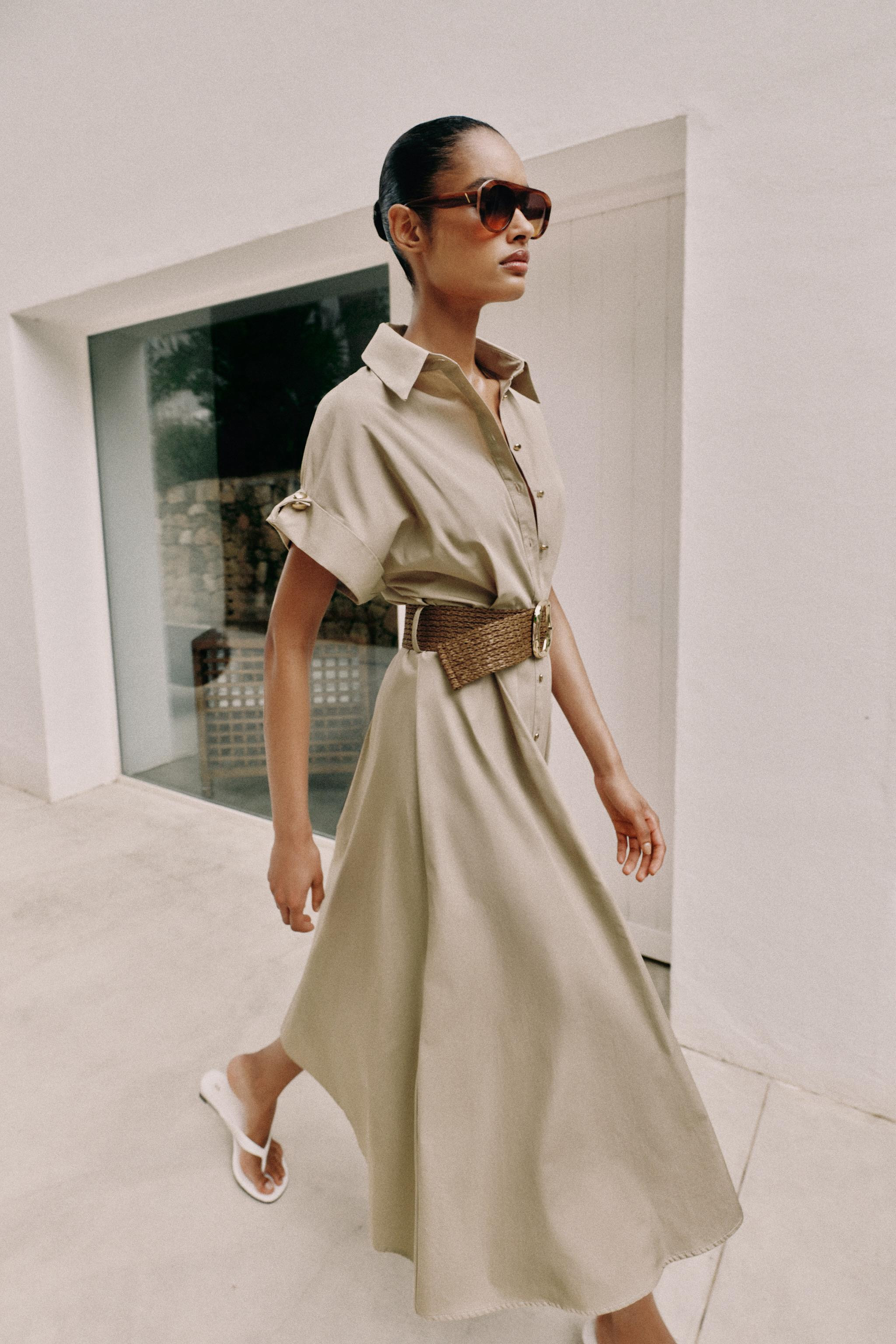 BELTED POPLIN MIDI DRESS | Zara US