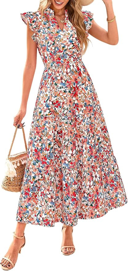 PRETTYGARDEN Women's 2026 Summer Floral Midi Dress Cap Sleeve V Neck Ruffle Long Flowy Boho Casua... | Amazon (US)