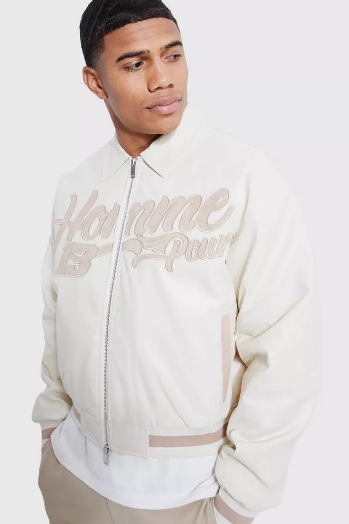 Boxy Pu Homme Varsity Bomber Jacket | Boohoo.com (UK & IE)