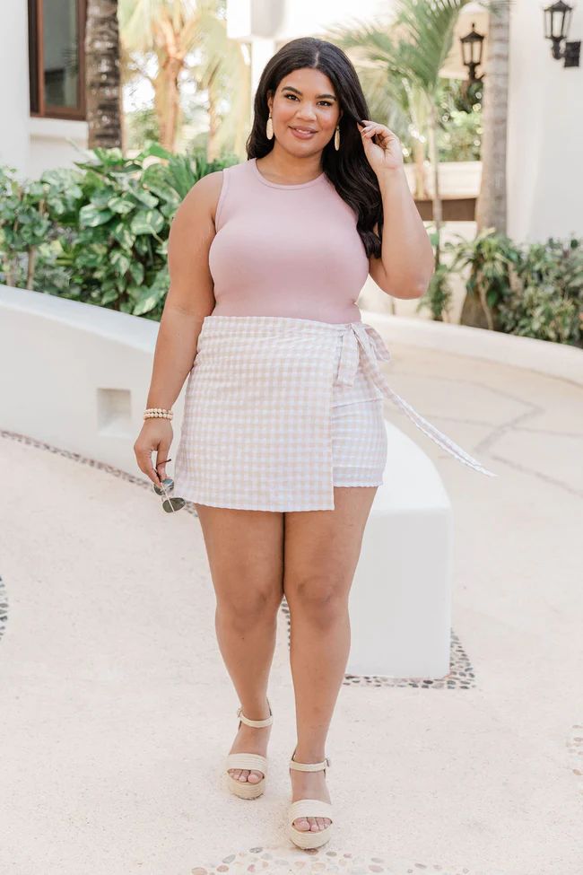 Lost On You Taupe Gingham Skort FINAL SALE | Pink Lily