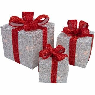 Northlight Set of 3 Silver Tinsel Lighted Gift Boxes with Red Bows Outdoor Christmas | Kroger