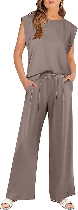 ANRABESS Women 2 Piece Outfits Tank Top & Palazzo Pants 2025 Summer Lounge Matching Sets Travel V... | Amazon (US)