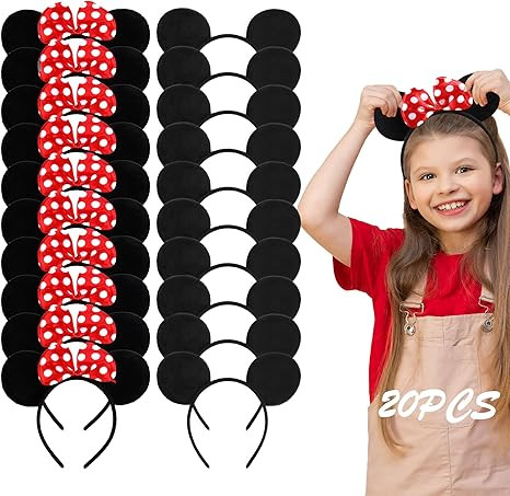 Lucky Will 20 Pack Mouse Ears Headband Classic Solid Black and Red Bow Ears Headbands Bulk for Ki... | Amazon (US)
