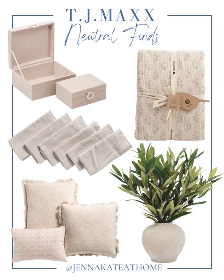 Grab these neutral home decor finds from TJ Maxx, including decorative storage boxes, end of bed blankets, linen napkins, decorative pillows, and artificial olive branch with vase. Coastal style home decor.

#LTKfamily #LTKhome