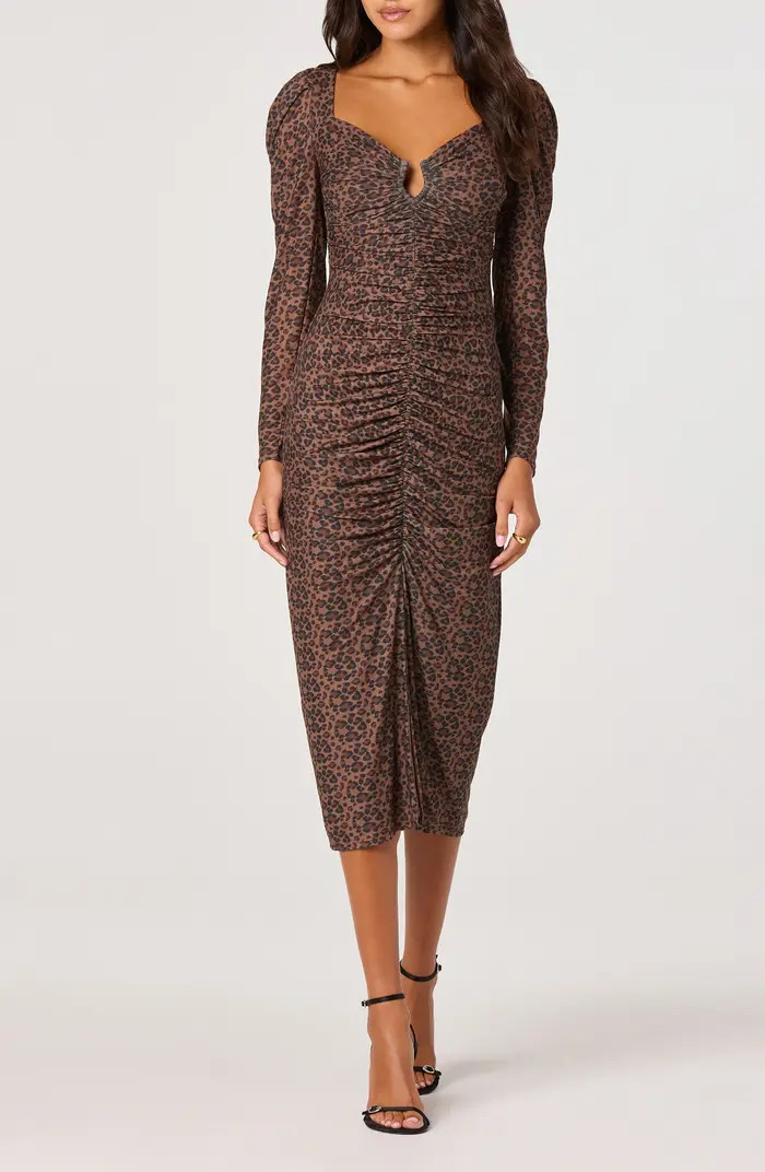 Long Sleeve Ruched Mesh Midi Dress | Nordstrom