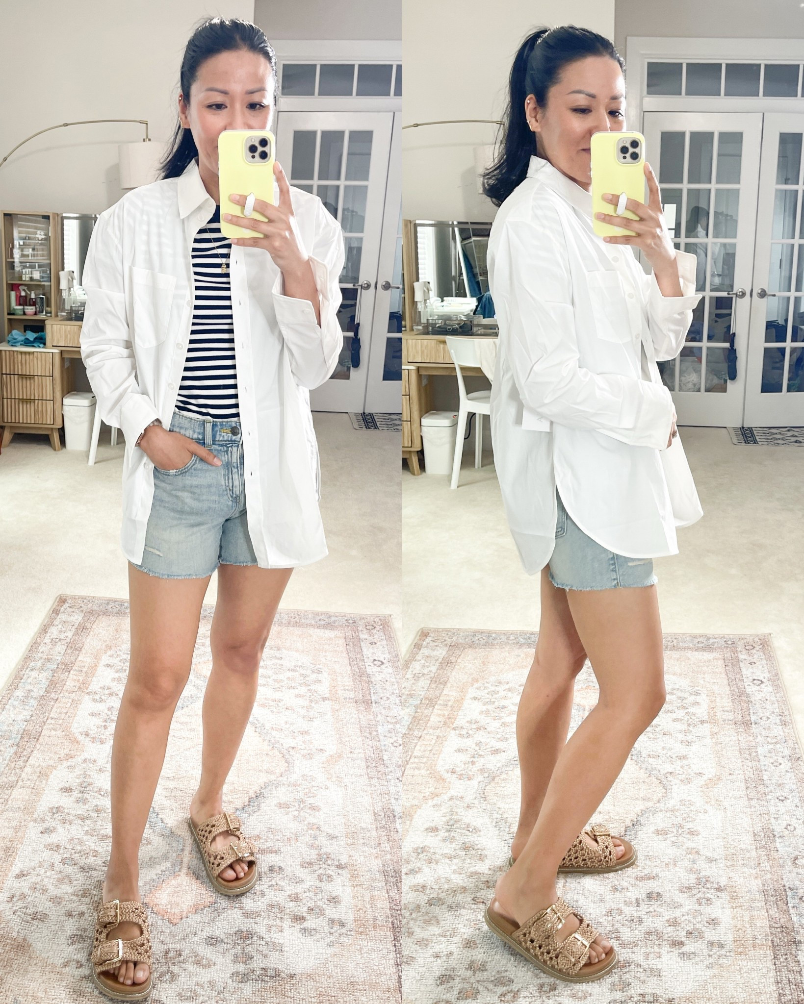 Size XS button down shirt
Size medium striped tee
Size small denim shorts
Sandals are true to size


#LTKOver40 #LTKFindsUnder100 #LTKSaleAlert