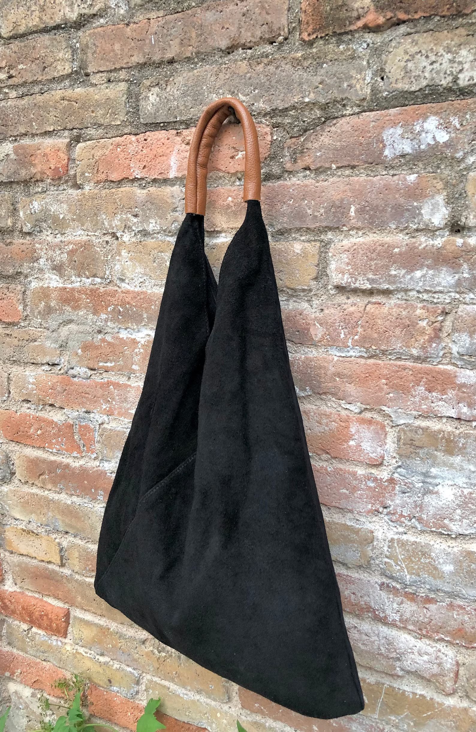Slouch Leather Bag in BLACK Suede . Large Shoulder Bag in Genuine Leather. Suede Origami Bag With... | Etsy (US)