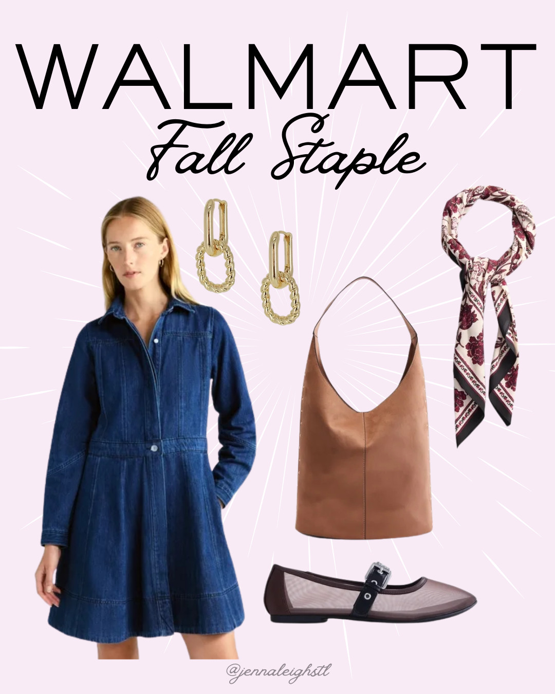 The perfect fall staple outfit from Walmart! 🍂 I’m loving this classic mix of denim, rich autumn tones, gold accents, and cozy layers. Such an easy outfit to recreate all season long! 

 #LTKootd #LTKSeasonal #LTKMidsize