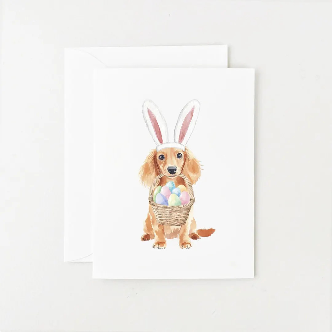 Dachshund Easter Cards, Box Set of 8, Long Haired Dachshund, Bunny Ears and Easter Basket - Etsy | Etsy (US)