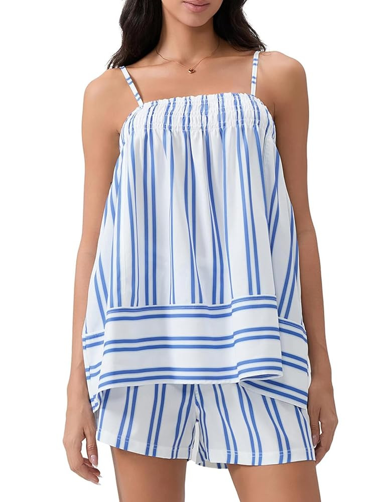 Wyeysyt Women 2 Piece Lounge Set Striped Pajama Set Ruffle Hem Cami Tops and Stripe Boxer Shorts ... | Amazon (US)