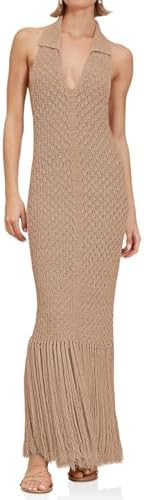 Saodimallsu Womens Halter Crochet Cover Up Fringe Sexy Backless Sleeveless V Neck Collared Vacati... | Amazon (US)