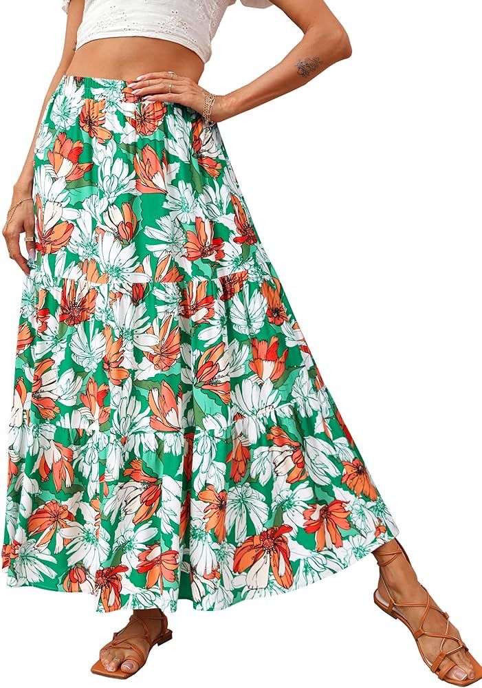 KIRUNDO Womens 2024 Spring Summer High Waist Boho Floral Maxi Skirt Casual Flowy Swing Pleated A ... | Amazon (US)