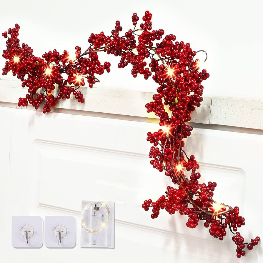 Sggvecsy Red Berry Garland Lighted Burgundy Berry Christmas Garland Artificial Berry Garland 6Ft ... | Amazon (US)