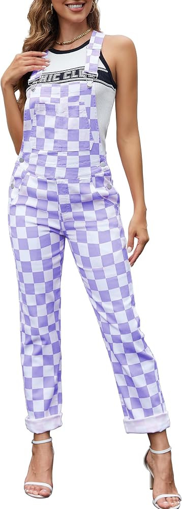 Checkered Pants Womens Overalls Fashion Bib Coveralls Cute Stretch Jeans Jumpsuit | Amazon (US)
