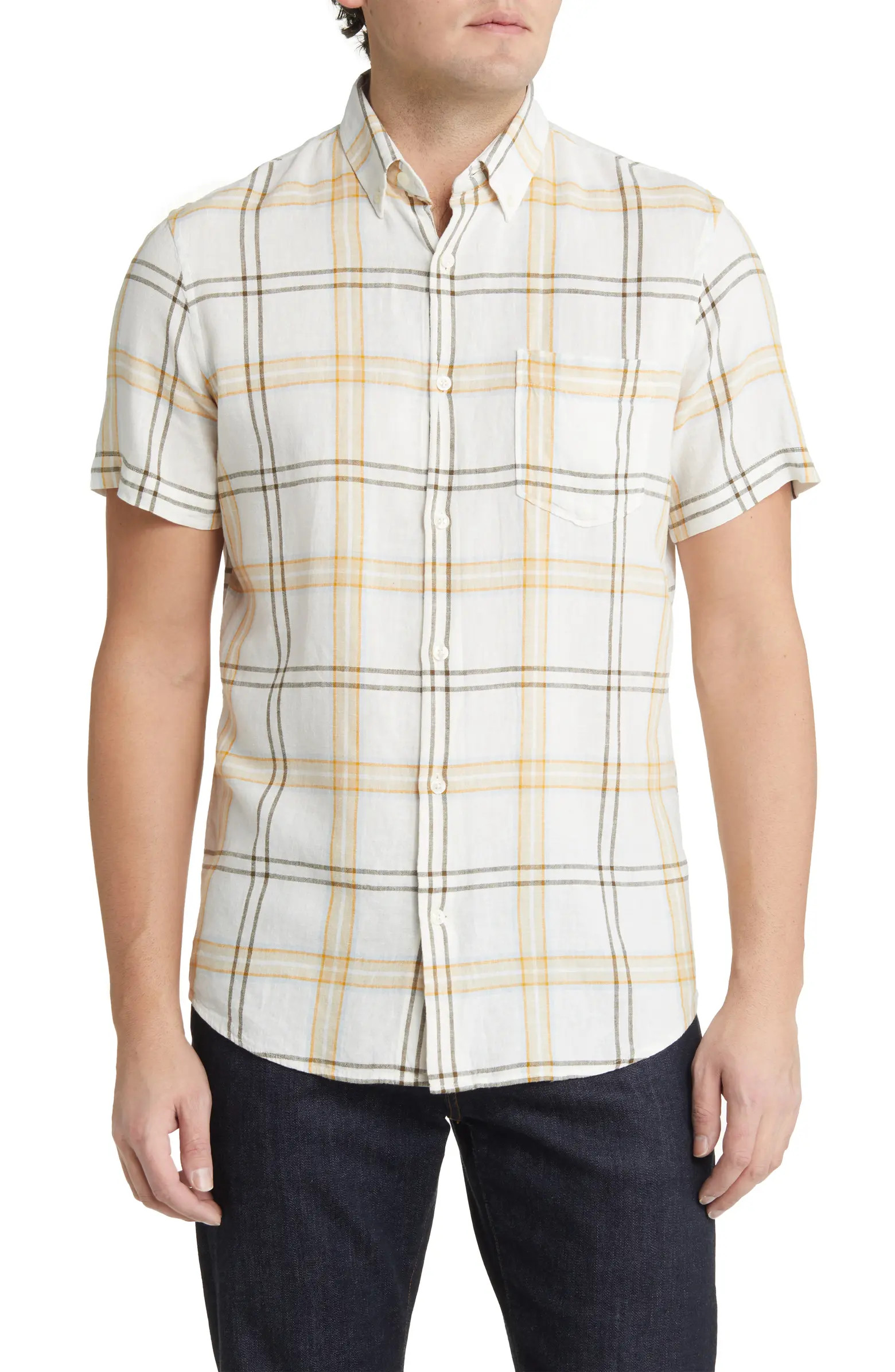 Family Moments Trim Fit Plaid Short Sleeve Linen Blend Button-Down Shirt | Nordstrom